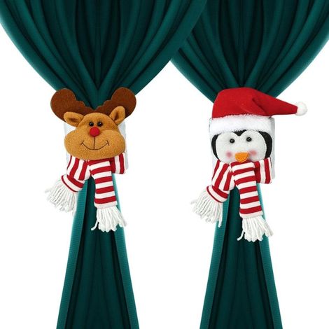 Lot de 2 embrasses en tissu, style dessin animé sur le thème de Noël, boutons en peluche représentant des poupées (élan et pingouin), décoration pour chambre d'enfant (1/5)