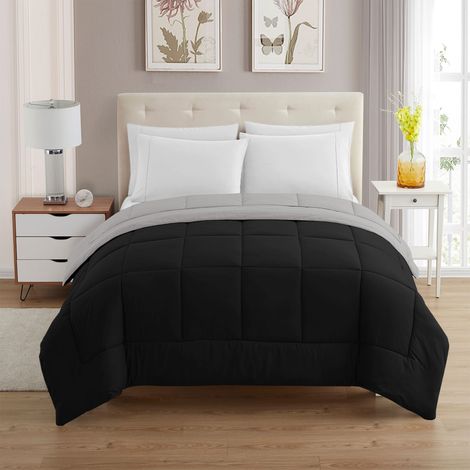Trapunta Invernale Piumino Tinta Unita Double Face Caldo Piumone Bicolore Imbottitura Coperta Anallergica Traspirante Nero-Grigioscuro - Singolo