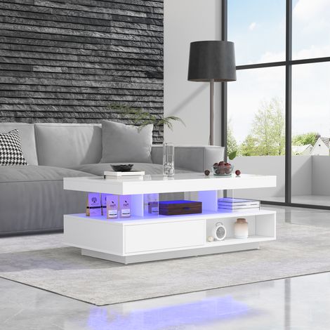 Mesas bajas fijas 95x50x42,5cm mesa de centro, mesa de salón, 2 cajones 2 compartimentos de almacenaje abiertos, aglomerado y cristal, blanco (1/5)
