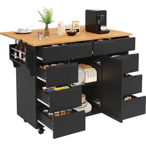 Îlot de cuisine mobile noir en MDF, desserte de cuisine avec 8 tiroirs et plan de travail rabattable, rangement sur roulettes pour cuisine et salle à manger (1/5)