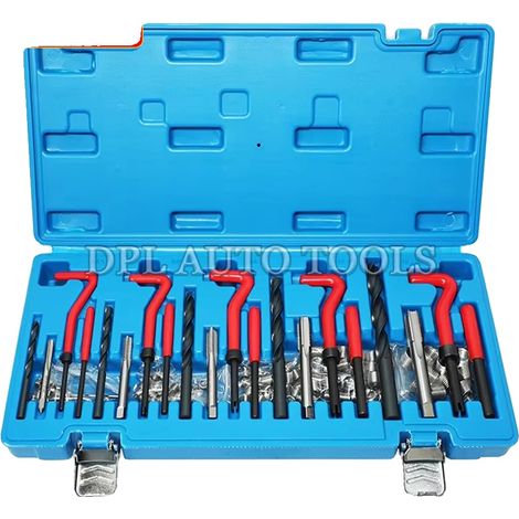Kit de herramientas para reparación de roscas, fabricado en acero de alta resistencia, compatible con roscas de M5 a M12. Incluye brocas espirales, herramientas de instalación y 25 insertos de rosca p (1/5)