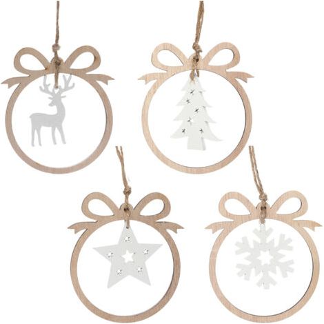 Décorations de Noël - Lot de 4 pendentifs en bois : sapin de Noël ajouré, étoile à cinq branches, élan enneigé, décorations de table hivernales, articles de fête
