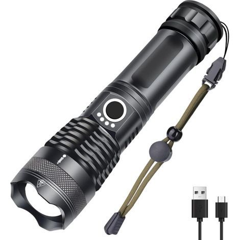 Torcia LED XHP50 extra potente da 1000 lumen ricaricabile tramite USB, 5 modalità, impermeabile IP65, zoom militare, ideale per campeggio ed escursionismo (batteria ricaricabile 18650 inclusa). (1/4)