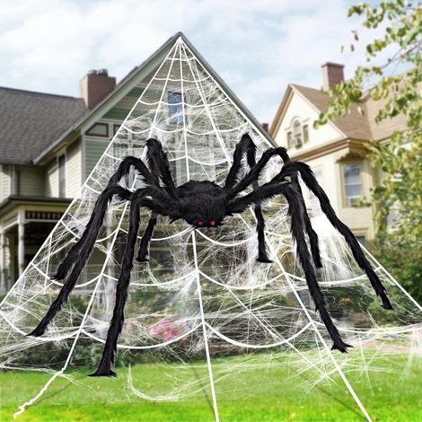 Ensemble de toiles d'araignée géantes pour Halloween comprenant une araignée de 1,5 m, une toile de 7 x 5,5 m et une toile d'araignée extensible de 100 g pour décorations d’Halloween en extérieur (1/4)