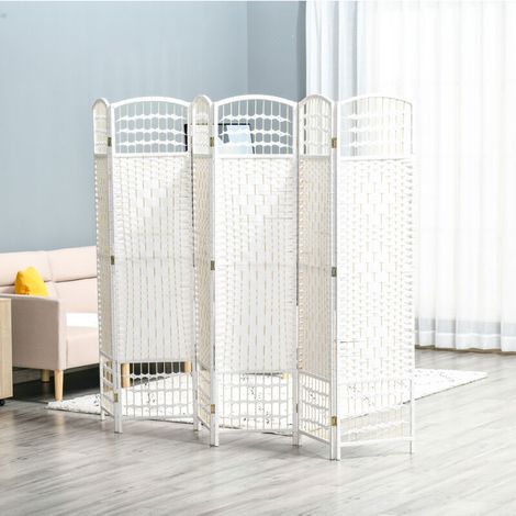 Cloison amovible Paravent intérieur 6 Panneaux Pliables 242L x 170H cm séparateur de pièce Bois de pin Bambou Fibres de Papier tressée Blanc Paille (1/5)