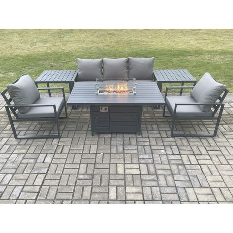 Fimous Aluminium Outdoor Garden Furniture Set Gas Fire Pit Dining Table Set Gas Heater Burner with 2 Arm Chair 2 Side Tables Dark Grey 5 Seater (1/5)