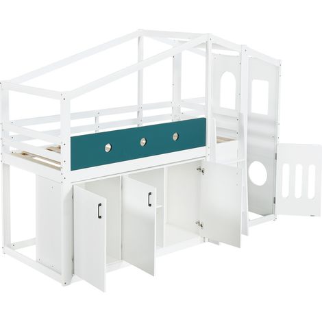 Cama casita semialta 90 x 200 cm con zona de juego, armario de almacenaje y escalera, blanca (1/5)