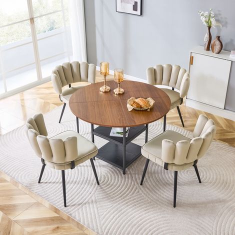 Esstisch-Set aus MDF in Nussbaum-Optik und schwarzem Metall, 4-Sitzer, rund mit Blumenlehnen (1/5)