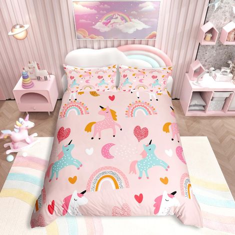 Parure de lit pour enfant fille - Housse de couette 135 x 200 cm - Pour adolescents, rose, cheval, cœur, arc-en-ciel - Motif animaux multicolores - Avec fermeture éclair (1/5)