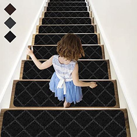 Marches d'escalier - Lot de 15 marches d'escalier antidérapantes 20 x 76 cm/Tapis de protection autocollants,diamant, noir (1/5)
