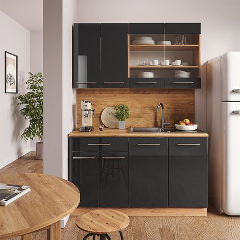 Cocina para solteros Fame-Line, Antracita brillo intenso/roble dorado eléctrico, 140 cm sin encimera, Vicco