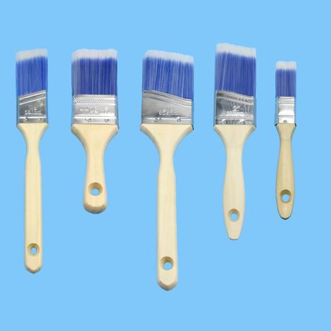 Ensemble de cinq pinceaux, bleu et blanc, pinceau coudé à long manche, peinture à l'eau, peinture latex, pinceau à bordures et de finition. (1/5)
