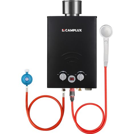 CAMPLUX Gas-Wassererwärmer 6L/min Mit Regenschutz, 11KW Durchlauferhitzer mit Propan/Butangas - BW158BC-DE - 50 mbar - Schwarz