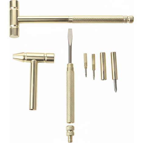 1 mini marteau 6 en 1 en laiton doré avec tournevis, outils à main, bijoutier multifonction en cuivre pour réparation de téléphones portables, ordinateurs portables, montres, lunettes, petite taille (1/5)