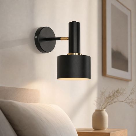Applique murale orientable style nordique, fer électroplaqué noir et or, rotation 360°, E27, pour chambre et salon (1/5)