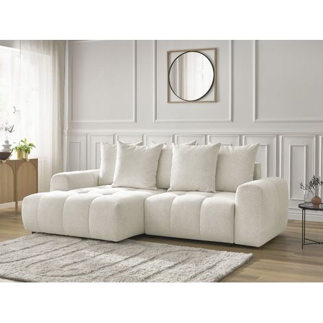 Bobochic – Canapé d'angle convertible coffre – 3 places – Tissu chiné blanc – Longueur 258cm – Largeur couchage 132cm – Design moderne (1/5)
