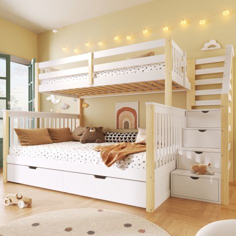 Lit superposé 90x200 cm + 140x200 cm - avec 2 tiroirs - avec échelle de rangement - blanc+naturel (sanas matelas)