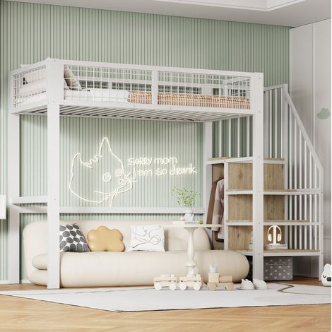 Hochbett modern 90x200 cm aus Metall in Weiß mit Sicherheitsleiter, integriertem Kleiderschrank und Lattenrost (1/5)