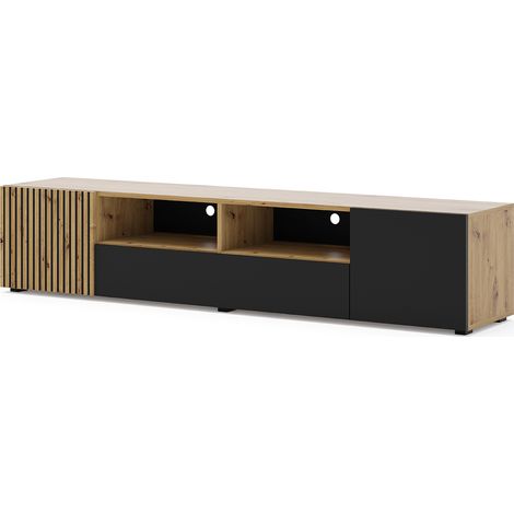 Bim Furniture – Meuble TV 200x42x42cm en chêne noir mat – 3 armoires fermées – 2 étagères ouvertes – Système push to open – Montage debout ou suspendu (1/10)