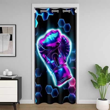 Rideau de Porte Boxe Rideau Occultant 86x203 Gants de Paillettes Rideaux Porte Enfants Garçons Hommes Gaming Combe D'Miel Hexagon Sport Violet Bleu Rideaux de Placard - 86L X 203H cm (1 Panneaux) (1/5)