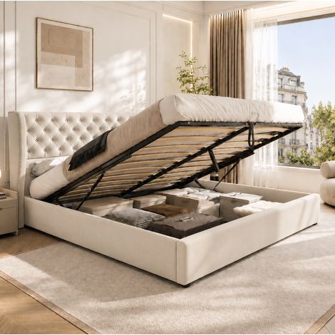 Cama 160x200 cm de terciopelo beige, con almacenaje, para ordenar, sin colchón – MEUBLIV (1/5)