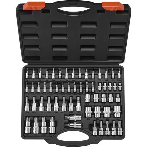 VEVOR Jeu de Douilles Torx et Torx Externes 60PCs, T6-T70, TT6-TT70, TP8-TP60, E4-E24, Entrainements 1/4, 3/8 et 1/2 po (6,35 mm, 9,5 mm, 12,7 mm), en Acier Allie S2 et Acier Cr-V, avec Coffret