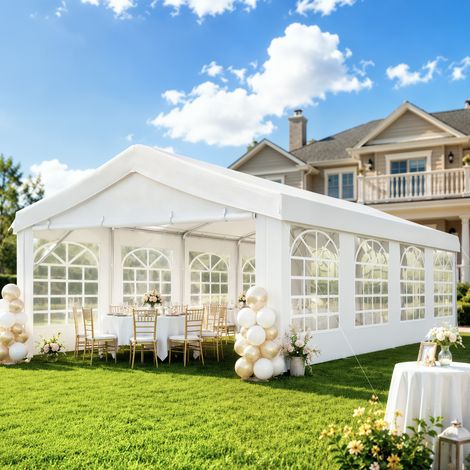 Tente de jardin 4x8m avec 8 fenêtres, structure en acier galvanisé, bâche PE blanche résistante, abri de fête extérieur pour réceptions et événements. (1/5)