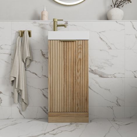 Fluted 400mm Bathroom Vanity Unit Basin Floorstanding Cupboard Soft Close Oak (1/5)