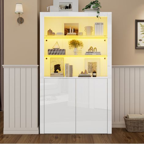 Vitrine 100x35x170 cm blanche en MDF avec façade brillante, verre trempé, LED et rangement 2 portes (1/5)