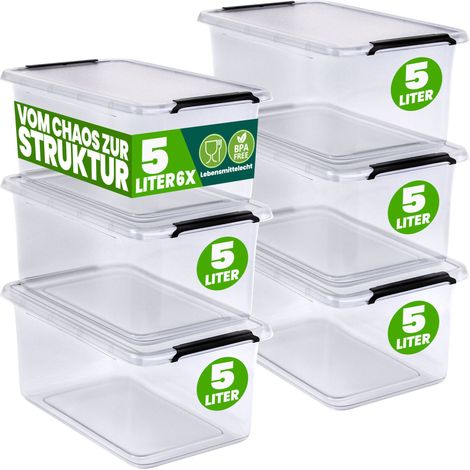 DEUBA® Aufbewahrungsbox mit Deckel verschiedene Größen Box Kunststoff Kisten lebensmittelecht BPA frei klein Klickverschluss transparent stapelbar Küche Schlafzimmer 6x 5L