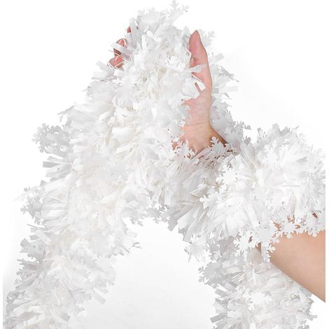 Weihnachtsbaum Lametta Girlande 5x2m Weiß Schneeflocken Metallisch