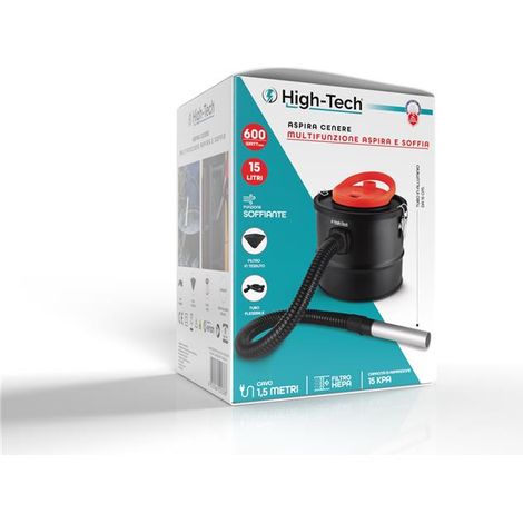 HIGH-TECH ASPIRA CENERE 600W - 15LT FUNZIONE SOFFIAGGIO 220-240V CAVO 1.5 LT COLORE NERO E ROSSO CON ACCESSORI