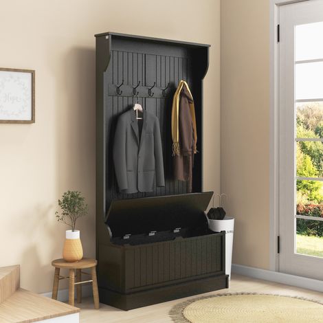 Appendiabiti con panca porta scarpe e 5 ganci, stile moderno, 96x34x179,7 cm, nero