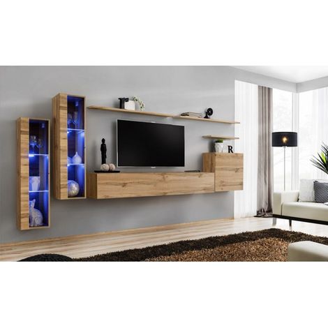 Ensemble mural - Switch XI - 2 vitrines LED - 1 banc TV - 1 vitrine carrée - 3 étagères - Bois - Livraison gratuite