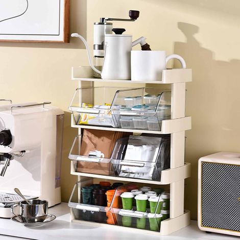 Organisateur de tiroir à thé, 4 niveaux transparents pour sachets de thé, capsules de café, sucrier - boîtes à thé, support pour sachets de thé, étagère à sachets de thé, présentoir à thé pour meuble (1/3)