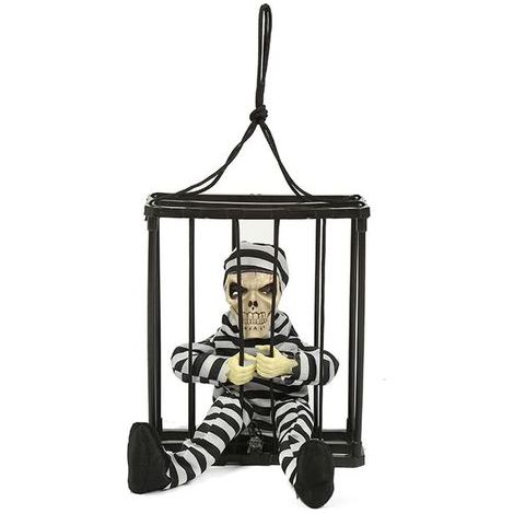 Décorations d'Halloween pour maison hantée : squelette animé effrayant hurlant, prisonnier dans une cage aux yeux lumineux.