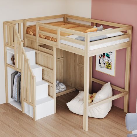 Cama alta 90x200 cm color madera, estructura de pino con armario y escalera de almacenaje (1/5)
