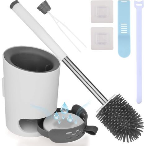 Brosse WC Brosse de Toilette en Silicone Antibactérienne Balayette WC Balai Brosse Ensemble avec Support Suspendu Pincette Cachée Boue de Diatomées Crochet Adhésif Manche de Abattant WC pour (1/4)