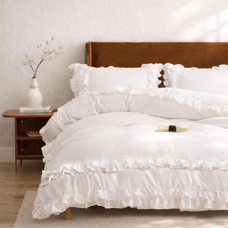 Housse de Couette Blanc 220x240cm à Volants avec Taies d'oreiller 65x65cm Parure de Lit Feuille de Lotus Romantique pour Femme Fille en Microfibre Douce Avez Fermeture Éclair (1/5)
