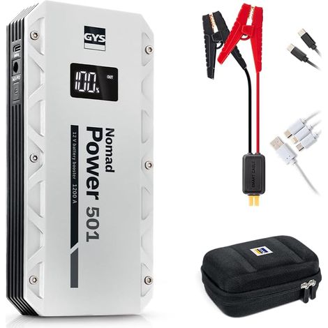Nomad Power 501, Démarreur/Booster Batterie Lithium Portable 1500A, Véhicules 12V (Moto, Voiture), Démarrage Sécurisé, Batterie Externe 5.25Ah (PowerBank), Lampe LED, Ecran LCD (1/5)