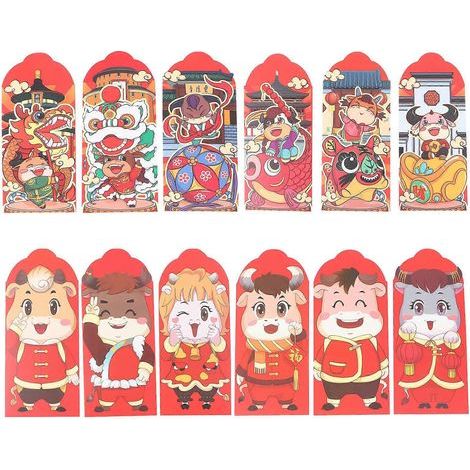 Set mit 12 dicken Geldbeuteln für 2021, 3D-Cartoon-Design, rot, für Neujahr – 16,4 x 8,9 cm (1/4)