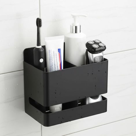 Wandmontierter Zahnbürstenhalter ohne Bohren, vielseitiger Organizer für Badezimmer, Zahnpasta, Rasierer, Küche und Büro, Aluminiumkleber (schwarz, 2 Fächer)