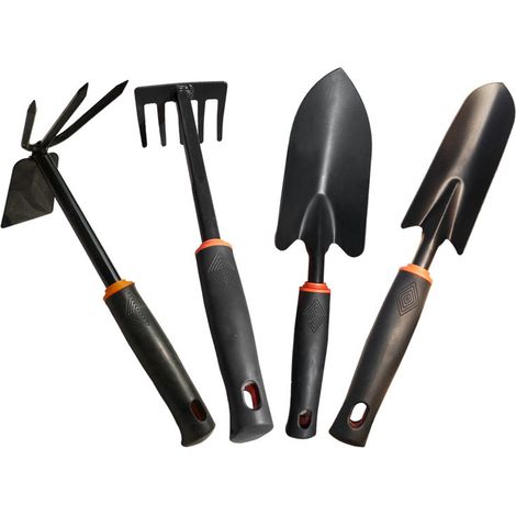 Ensemble d'outils de jardin, pelles, râteau à 5 dents, houe en acier forgé, manche en plastique noir (1/5)