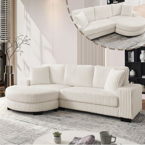 Canapé d’angle en L 4 places en velours côtelé beige avec pouf mobile et 2 coussins (1/5)