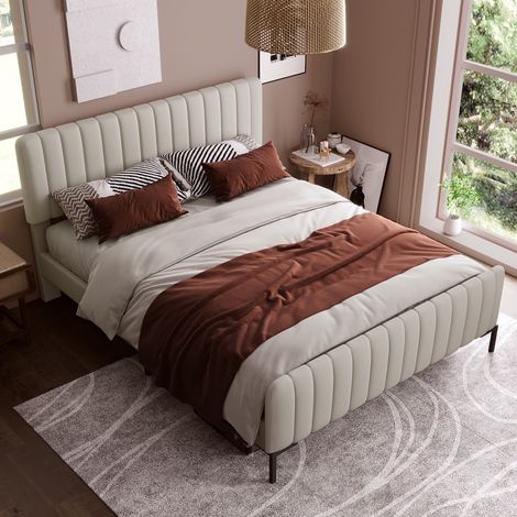 Letto matrimoniale 160x200 cm, con testata regolabile in altezza, rete a doghe in legno, telaio in metallo, letto trapuntato in lino, per adulti e adolescenti - Beige (1/5)