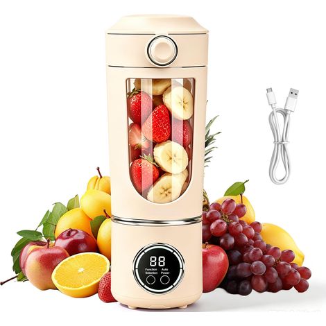 Mixeur portable de 700 ml, petit extracteur de jus rechargeable avec 12 lames inoxydables, mini blender pour smoothies et shakes, extracteur de jus portable pour voyage/bureau/sport (beige) (1/5)