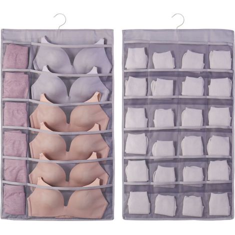 Organisateur de soutiens-gorge suspendu en tissu Oxford, double face respirant, grande capacité de rangement pour sous-vêtements et chaussettes, gris (12 devant, 24 derrière) (1/5)