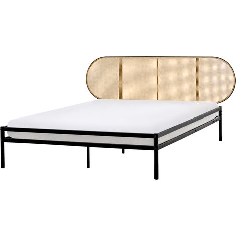 Cama moderna de hierro con somier de láminas ratán sintético trenza vienesa cabecero negro 160 x 200 cm Boulin (1/5)