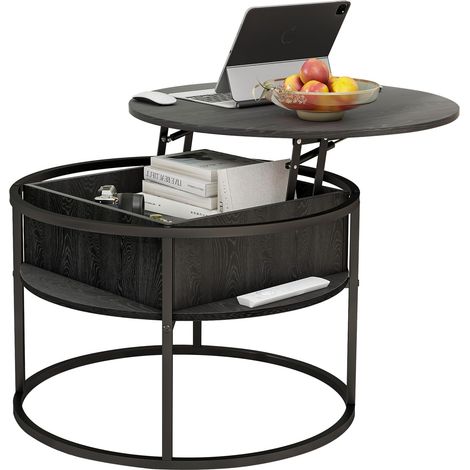 Table basse ronde relevable avec rangement, plateau relevable silencieux, structure métal et imitation bois noir pour salon, noir