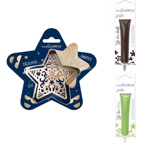 Kit pour biscuit en relief Étoile + 2 Stylos au chocolat marron et vert clair (1/2)